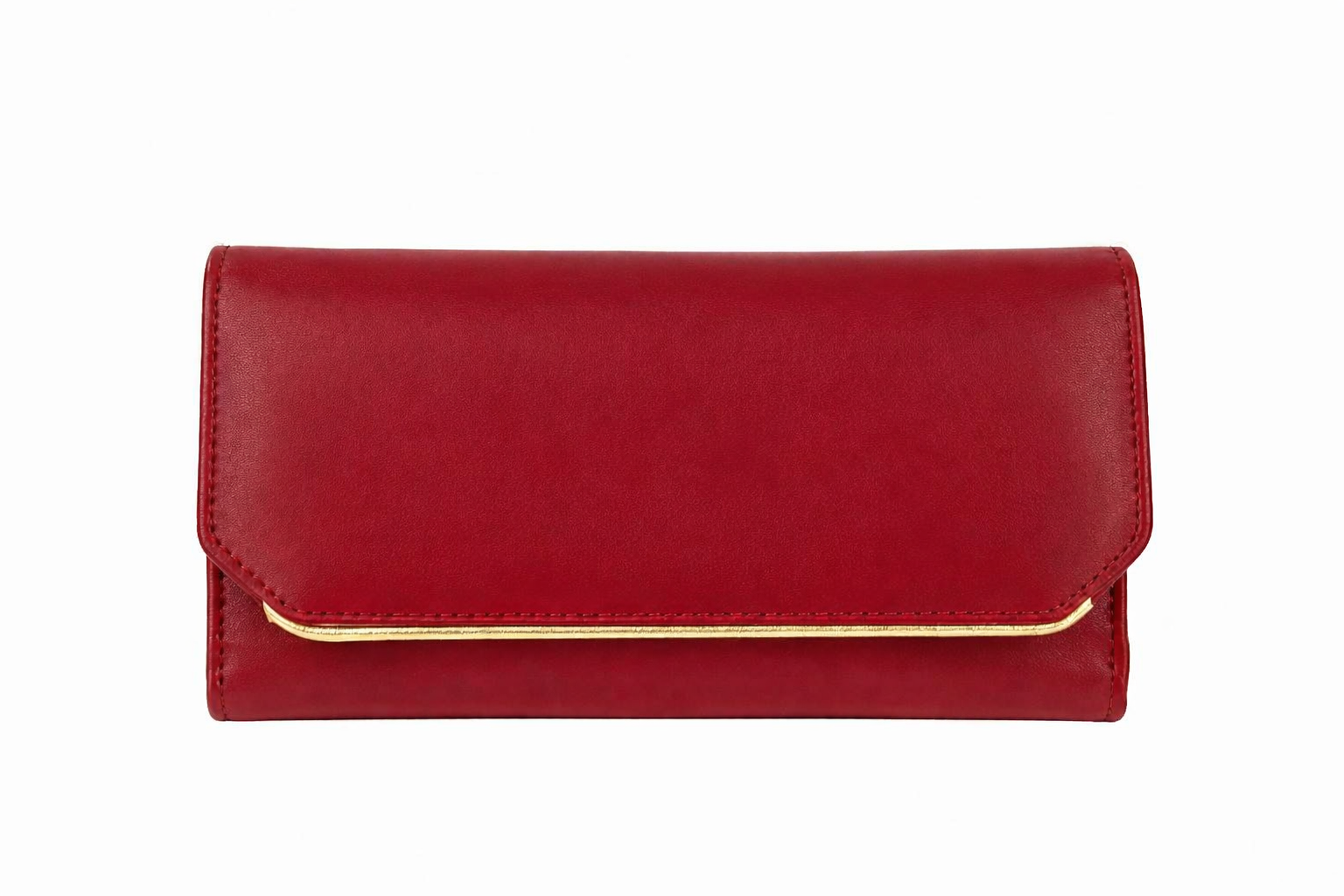 Billetera Roja mujer outfit con borde dorado en el centro